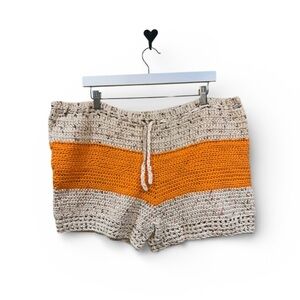 Homemade Boho High Waist Orange and Cream Crochet Shorts Size Large